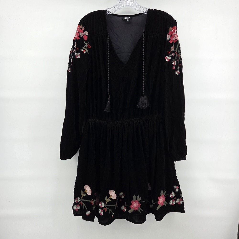 a.n.a Velvet‎ Embroidered Mini Dress L Black Floral Boho V-Neck Long Sleeve